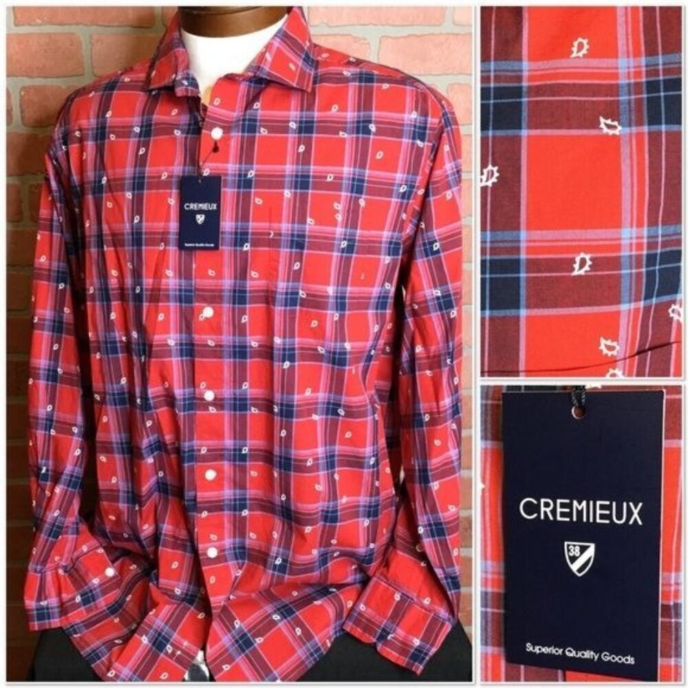 NWT Cremieux Mens Button Front Shirt Red Paisley Plaid Western Size L